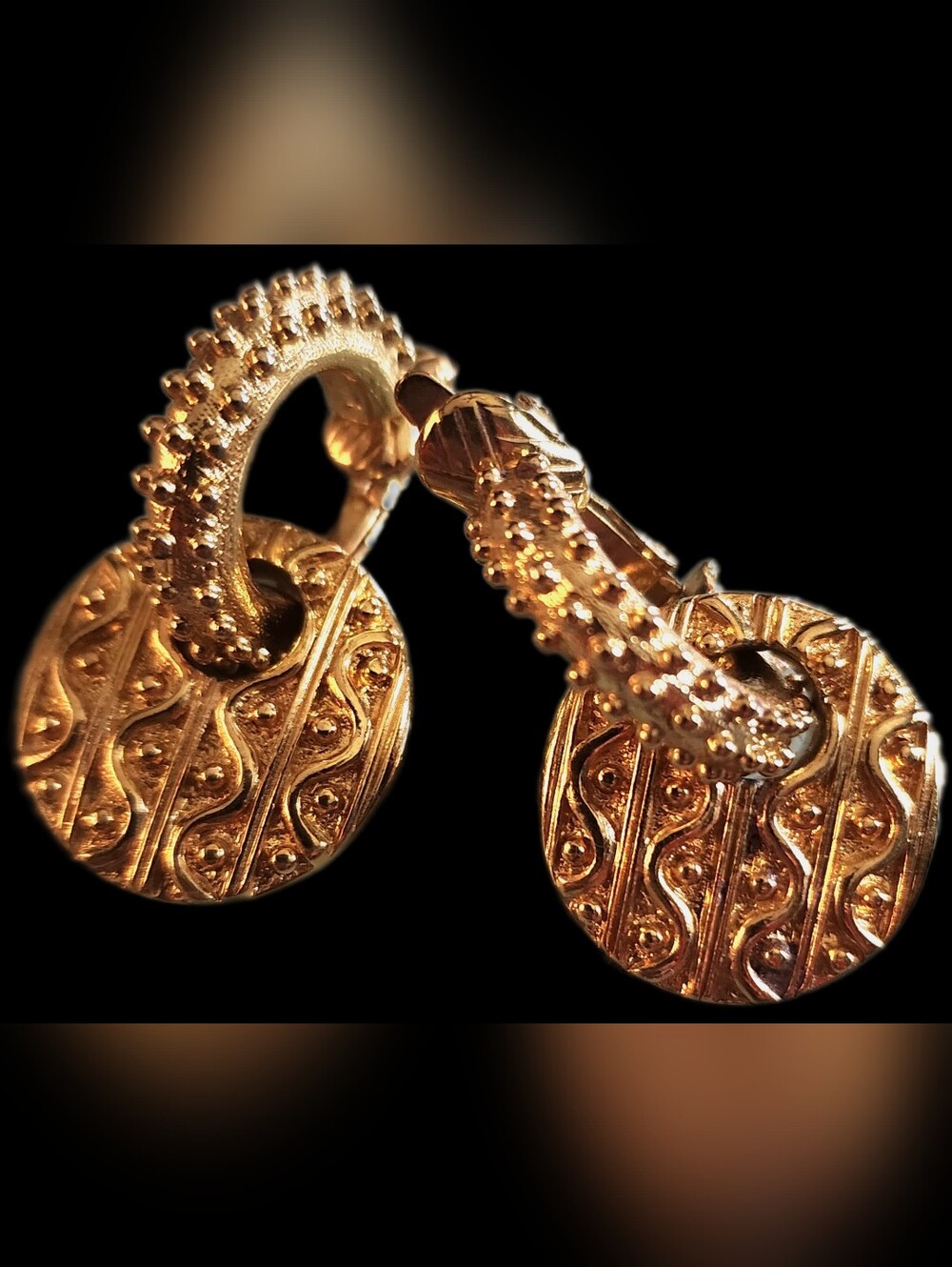 ​Rare Vintage Trifari Etruscan Revival  Doorknocker Hoop Clip Earrings 60s